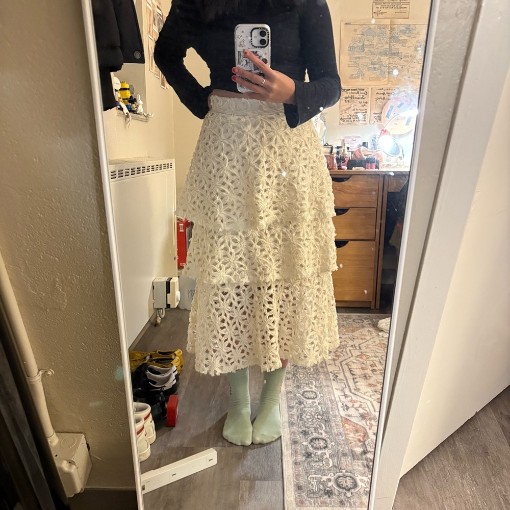 Floral Lace Midi Skirt - Cream